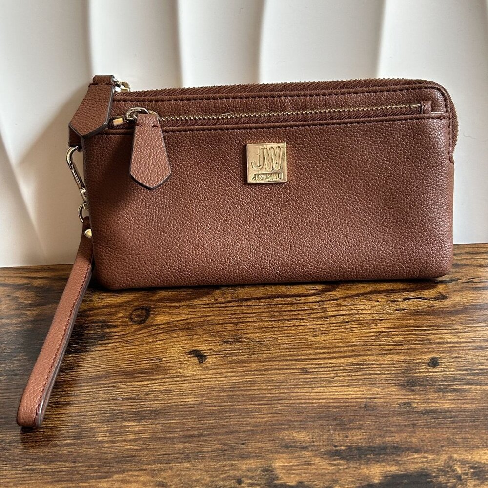 Jason Wu Leather Wristlet Double Wallet Strap Cognac Brown Tan
